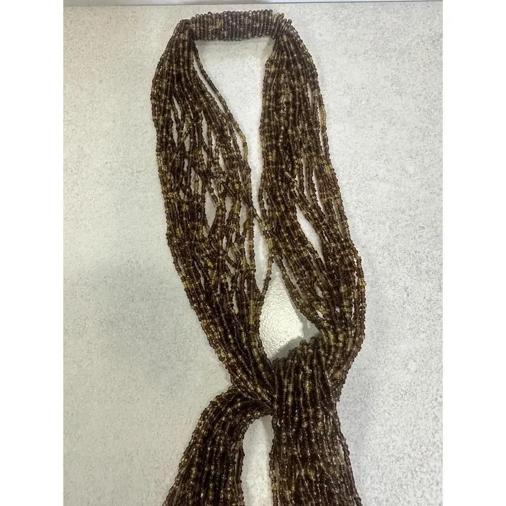 VTG 50” Multi Strand Brown Amber Glass Bead Tassel Necklace Boho